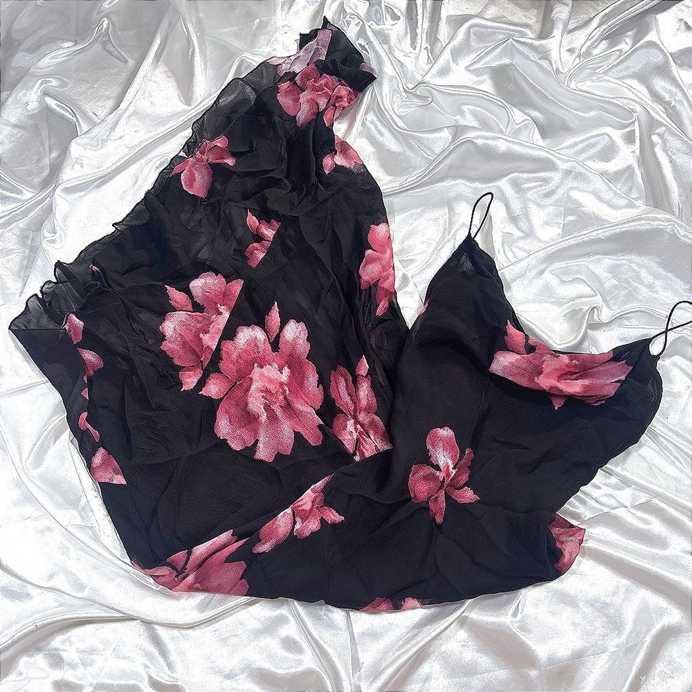 y2k Floral Asymmetrical Ruffle Midi Dress Black Spaghetti Strap 46